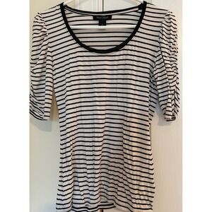 White House Black Market Striped Ruched Puff Sleeve Top Black White 10-4526 S